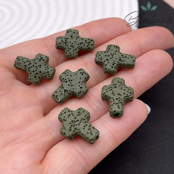 Лава Вулканическая Бусина крест темно- зеленый 17*13 мм