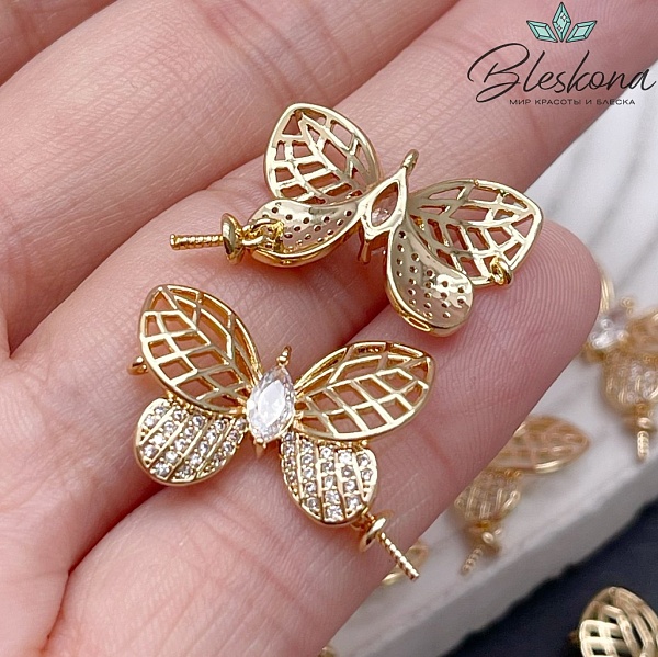 20,6*14 мм Цвет золото, Коннектор бабочка с цирконами под вклейку 