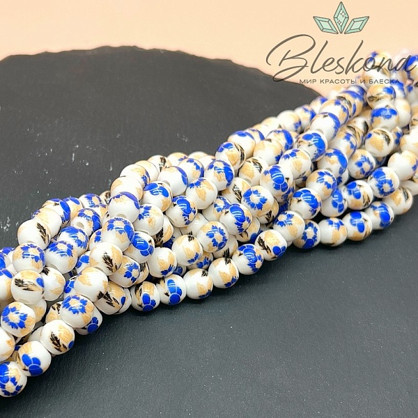 8 мм Керамика Бусина роспись гжель №22