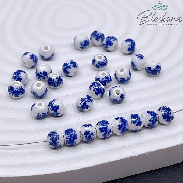 6 мм Керамика Бусина роспись гжель №1 (штучно)