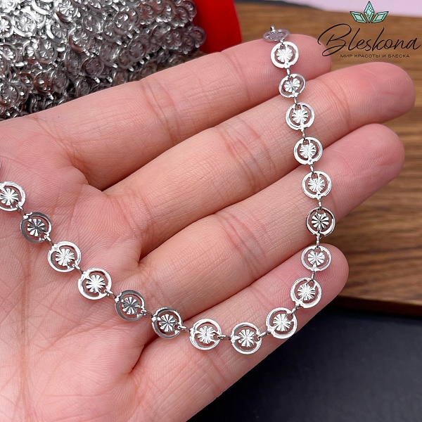 Цепь №17 цвет серебро круг резной в круге 6*9 мм
