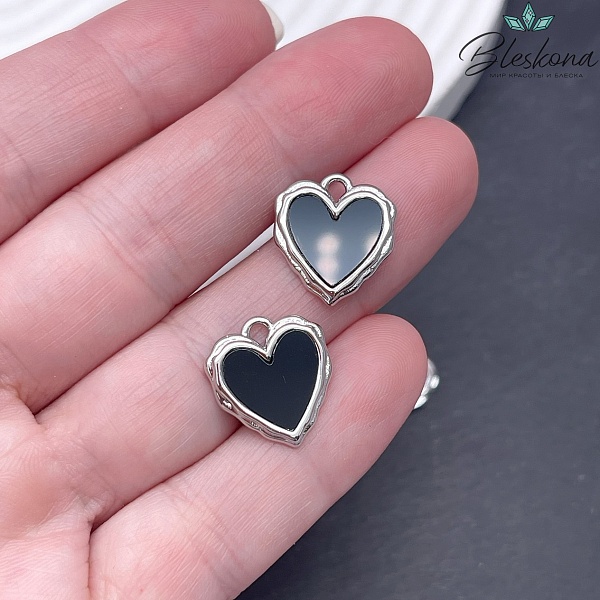 16*14 мм Цвет серебро, Подвеска Сердце черная керамика 