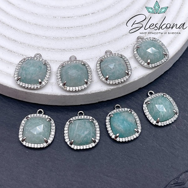 14мм, цвет серебро ,Подвеска квадрат Амазонит в обрамлении цирконы