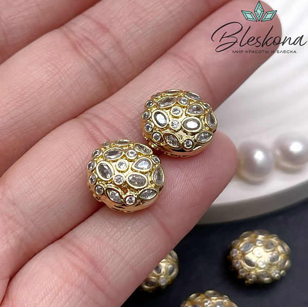 13 мм Цвет золото, Бусина шар плоский цирконы