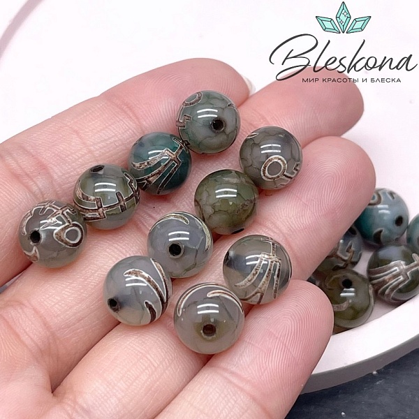 Бусина Дзи Большой Человек (Аристократ) зелено-коричневый шар 10 мм уп.10 шт