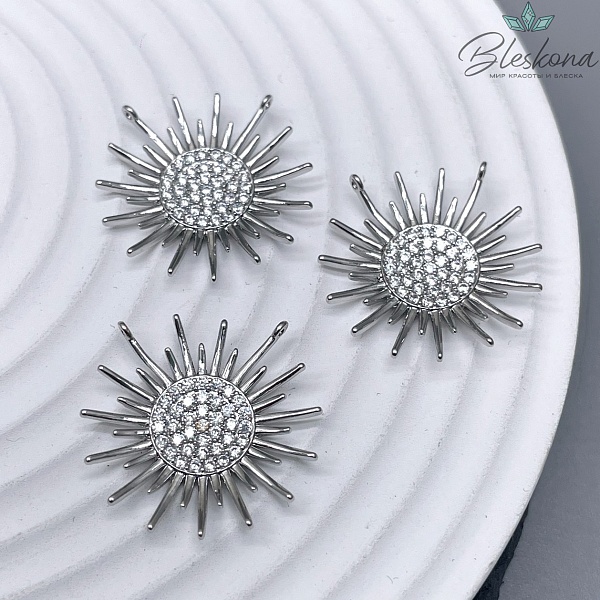 22мм, цвет серебро, Коннектор Солнце цирконы 