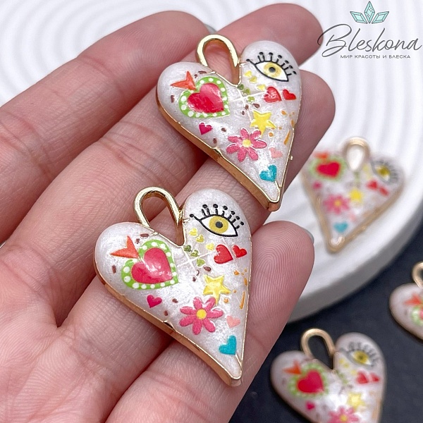 34,5*25,5 мм, Цвет золото, Подвеска Сердце с рисунками 