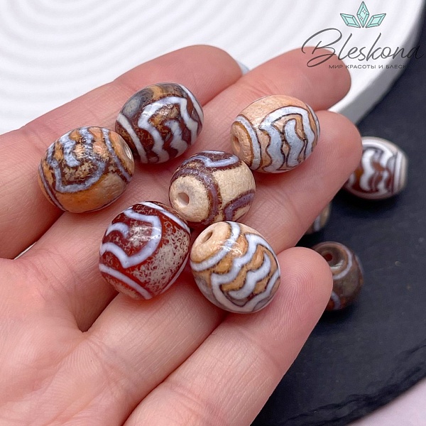 Бусина Дзи Птица Гаруда серо-коричневый бочонок 14*14 мм