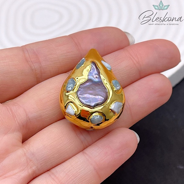 32*23 мм Цвет золото, Бусина  Жемчуг  капля  инкрустированная натуральными камнями хамелеон