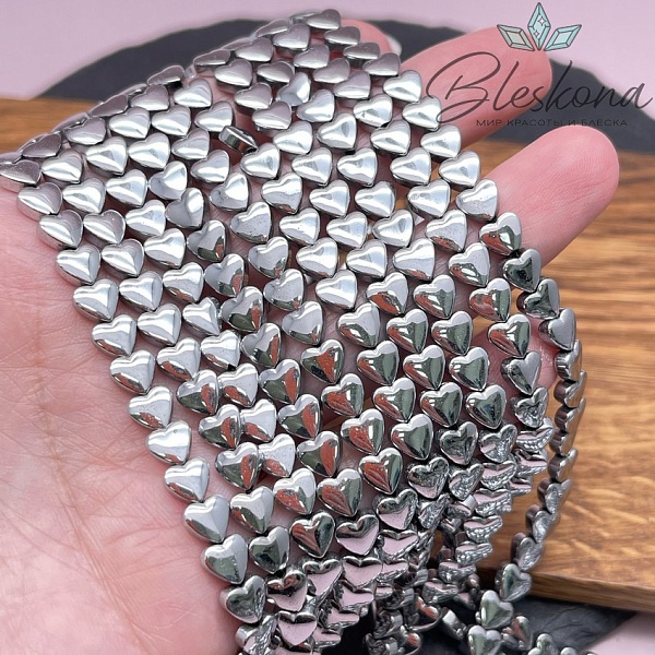 6 мм Гематин сердце объемное, темное серебро имитация