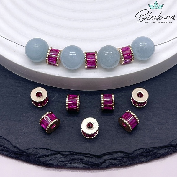 7*5 мм Цвет золото, Бусина - разделитель малиновый циркон