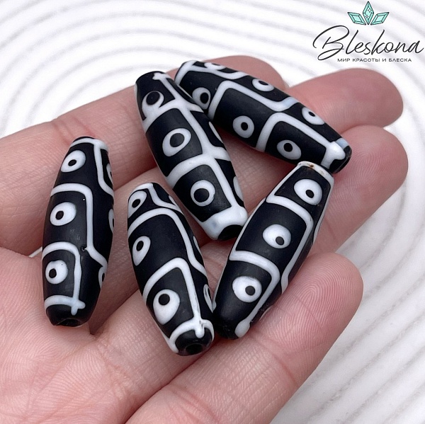 Бусина Дзи 9 глаз бело-черный бочонок 30*11 мм