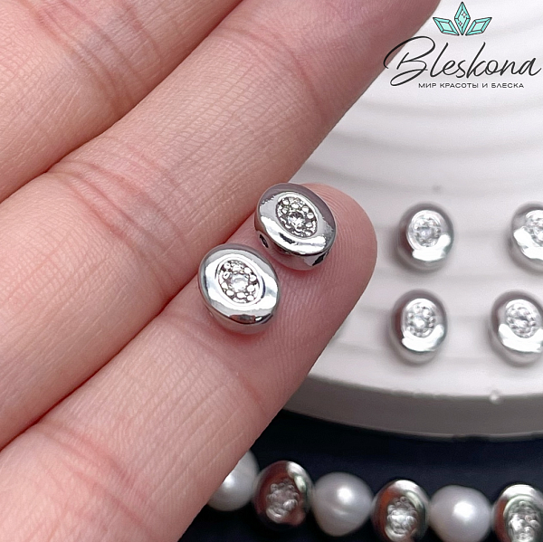 6,3*7,8 мм Цвет серебро, Бусина овал циркон