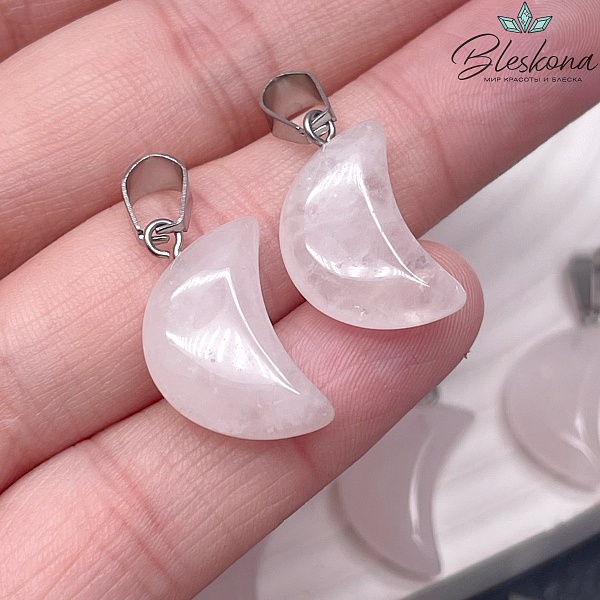18*13 мм Цвет серебро, Подвеска полумесяц Розовый кварц