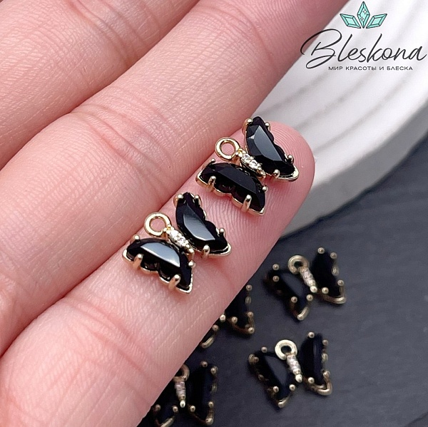 9,5*11 мм, Цвет золото, Подвеска бабочка стекло черное