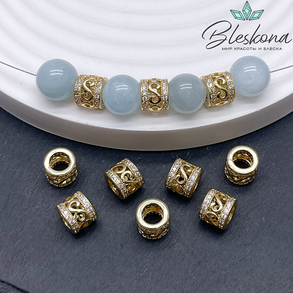 12*13 мм Цвет золото, Бусина цилиндр узоры цирконы