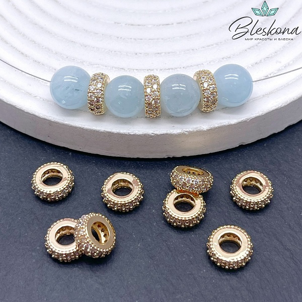 10*4 мм Цвет золото, Бусина-разделитель цирконы 