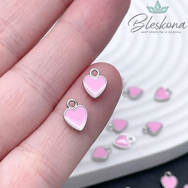 9*6,5 мм Цвет серебро, Подвеска сердце розовая эмаль