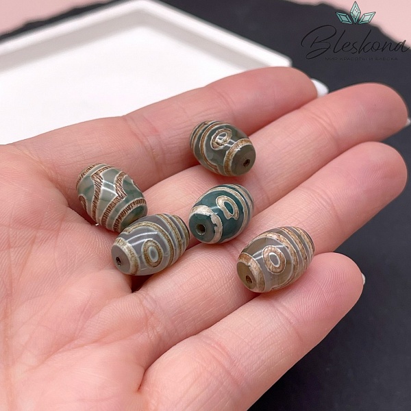 Бусина Дзи 2 глаза зелено-коричневый бочонок 10*14 мм