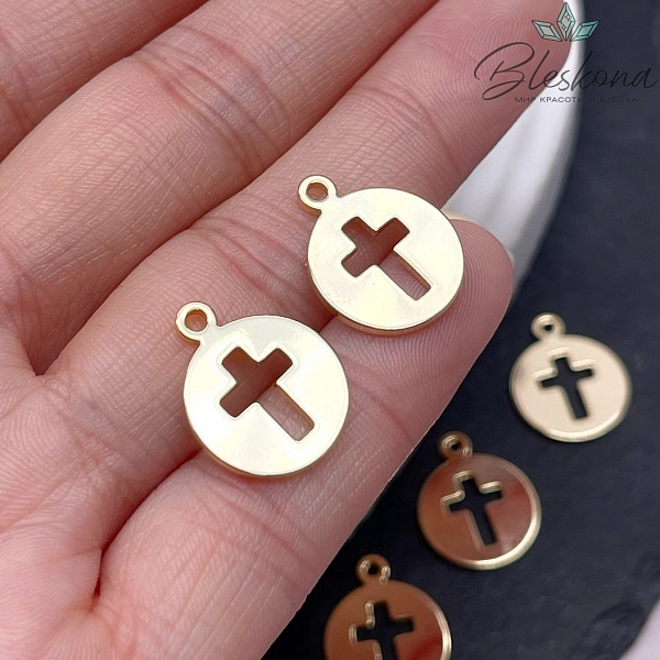 14 мм Цвет золото, Подвеска круг  Крест P21654