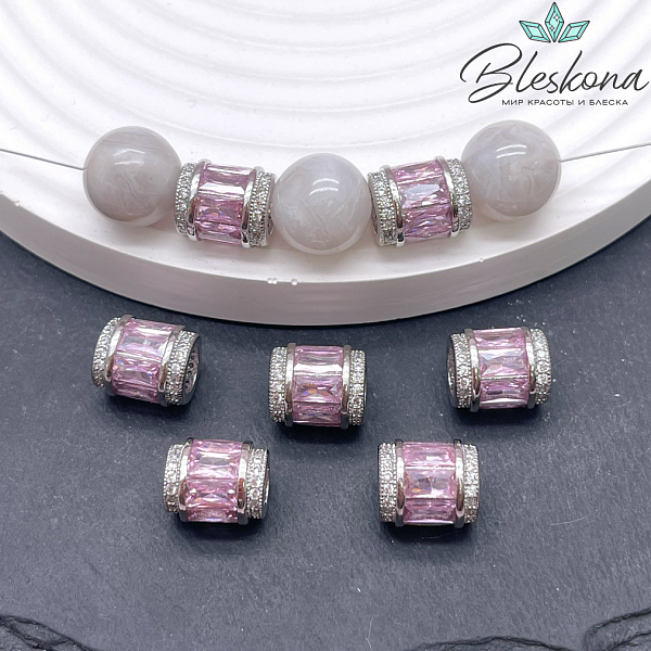 11*9,5 мм, цвет серебро, Бусина цилиндр розовые цирконы