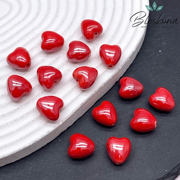 12 мм Бусина сердце, керамика цвет красный
