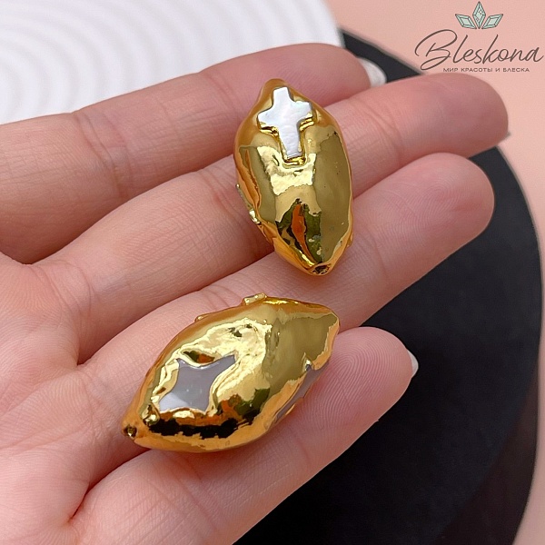 28*15 мм Цвет золото, Бусина  Жемчуг зауженный овал крест