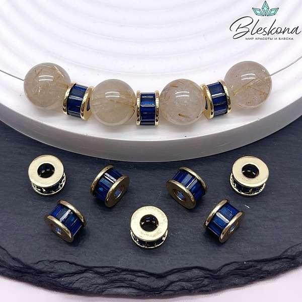 8*5 мм Цвет золото, Бусина - разделитель синий циркон