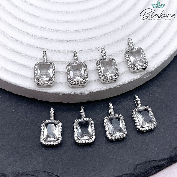 16*8,8 мм Цвет серебро, Подвеска прямоугольник белый циркон