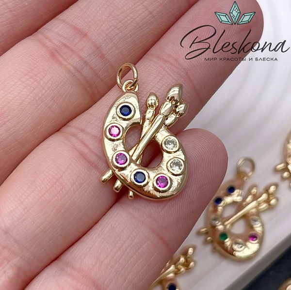 22*18,5 мм Цвет золото, Подвеска кисточки с красками цирконы микс