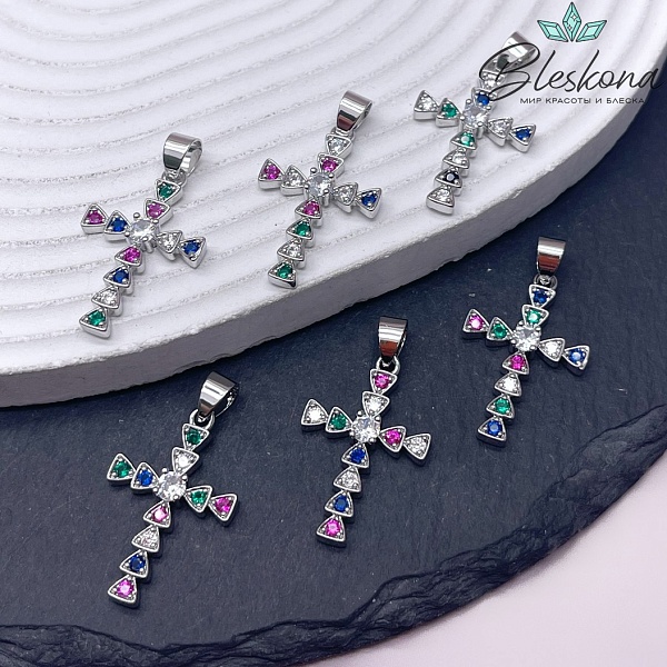 28*18 мм Цвет серебро, Крест цирконы микс