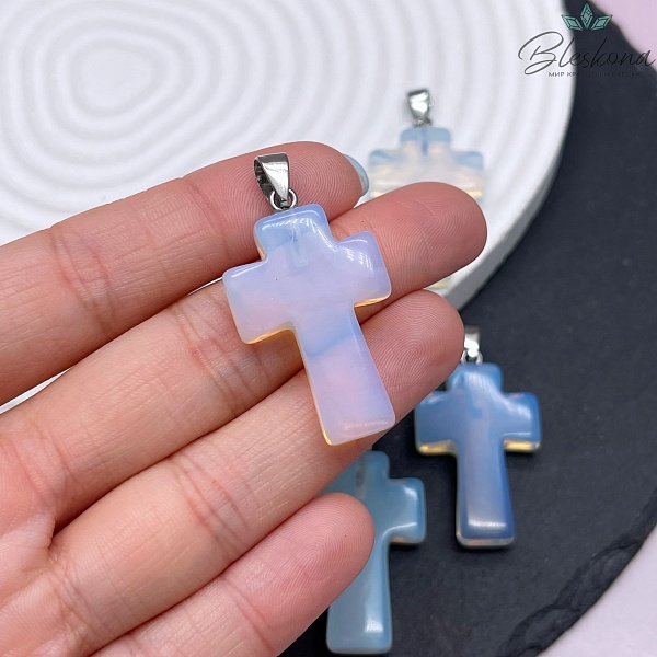 Подвеска крест Лунный камень (имитация), цвет серебро 35*22 мм