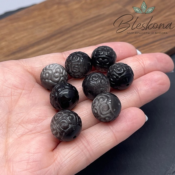 Резная бусина Узор Обсидиан серебристый шар 14,5мм