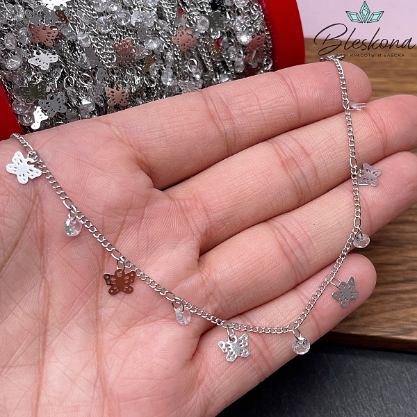 Цепь №209 цвет серебро, бабочка циркон 1,4*1,5 мм