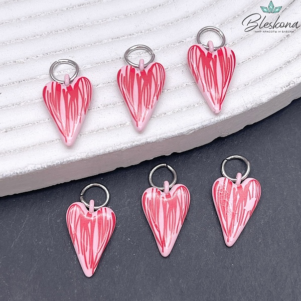 15,5*10 мм, Цвет серебро, Подвеска сердце розовое полосы эмаль