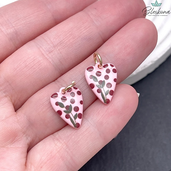 15,5*10 мм, Цвет золото, Подвеска сердце розовая эмаль точки