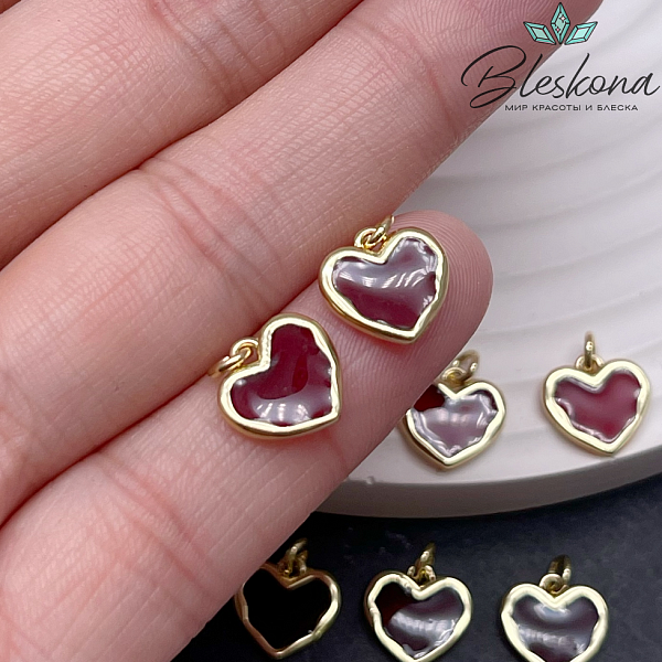 10 мм Цвет золото, Подвеска Сердце бордовая эпоксидная смола