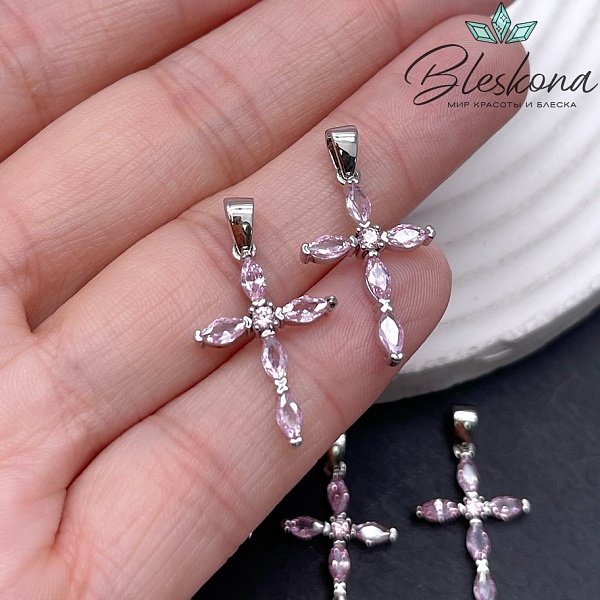 22*14,3 мм Цвет серебро, Подвеска крест с розовыми цирконами