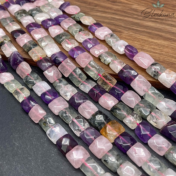 Микс розовый кварц, аметист, цитрин, пренит фриформ огранка 10 мм