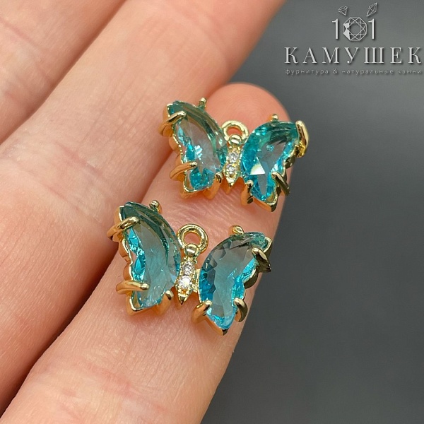 10*15,8мм, Цвет золото, Подвеска Бабочка голубое стекло