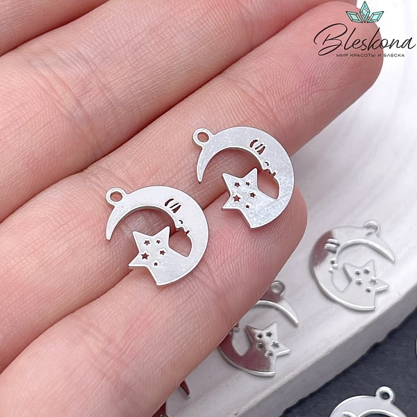 15*12,5мм Цвет серебро, Подвеска Полумесяц и звезда гладкий