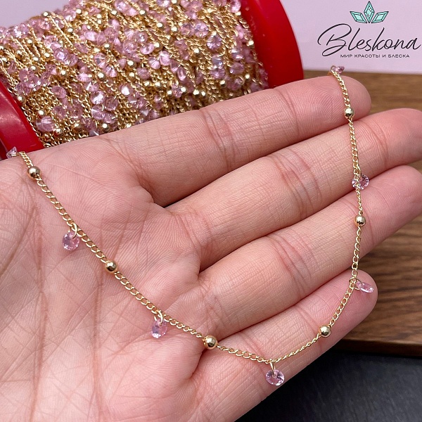 Цепь №206-1 цвет золото 2*1 мм шарик/розовый циркон