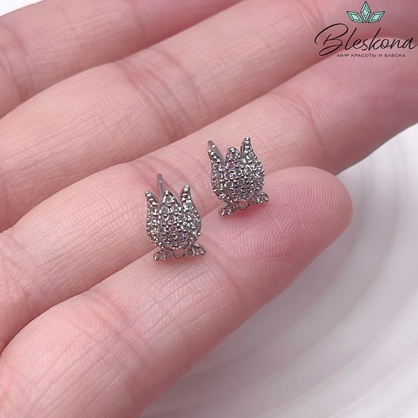 9*6,4 мм Цвет серебро, Пусеты тюльпан цирконы Этно