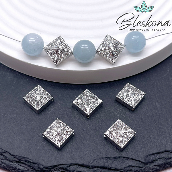 13,5*10 мм Цвет серебро, Бусина ромб плоский цирконы