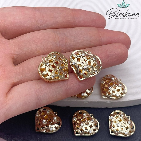 19,5*19мм Цвет золото, Подвеска сердце цветы цирконы