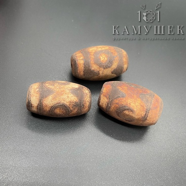 Бусина Дзи 3 глаза коричный матовый бочонок 25*13 мм УЦЕНКА 