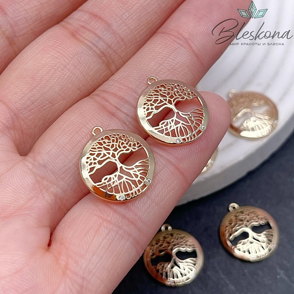 16,6*14,8 мм Цвет золото, Подвеска круг дерево Жизни цирконы
