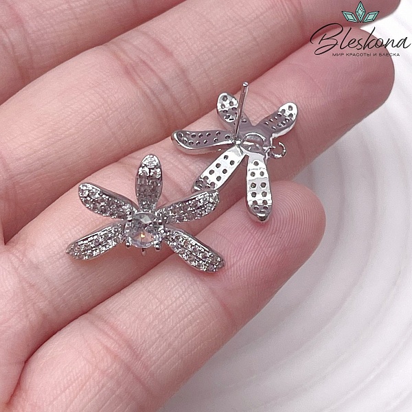 16*20,5 мм Цвет серебро, Пусеты цветок цирконы 