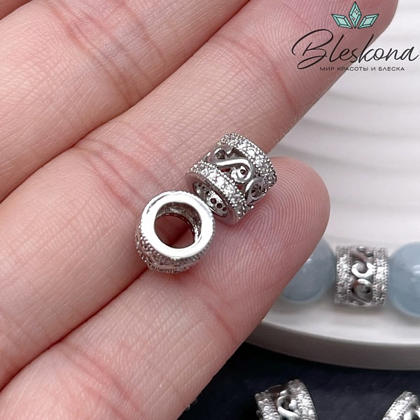 12*13 мм Цвет серебро, Бусина цилиндр узоры цирконы