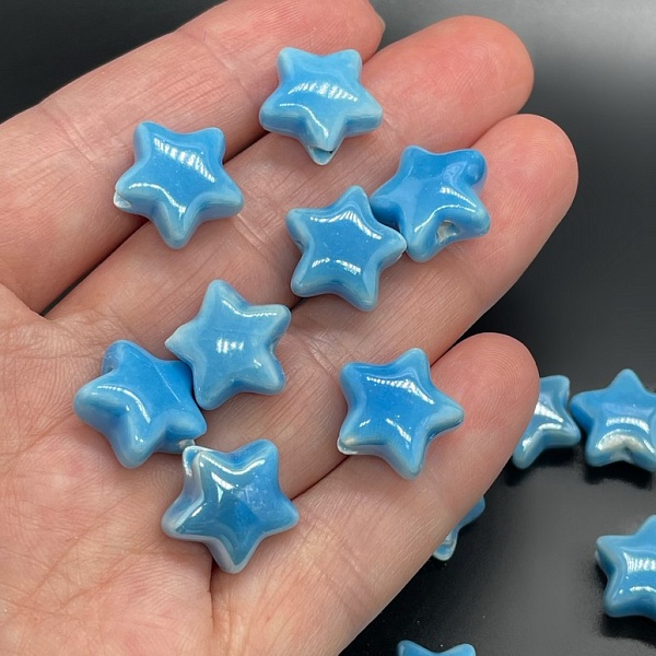 14 мм Бусина звезда, керамика цвет ярко-голубой 